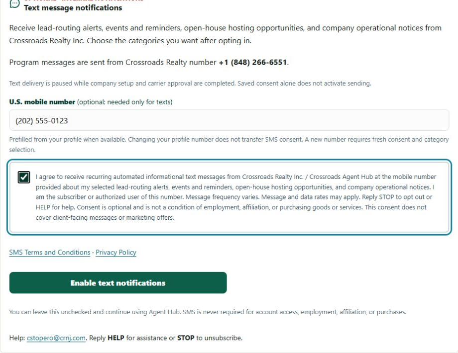 Actual Agent Hub SMS form with the consent box checked, an enabled Enable text notifications button, optional-consent notice, and STOP, HELP, and support information.