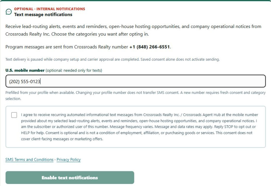 Actual Agent Hub SMS form with fictitious number (202) 555-0123, an unchecked consent box, policy links, and a disabled Enable text notifications button.